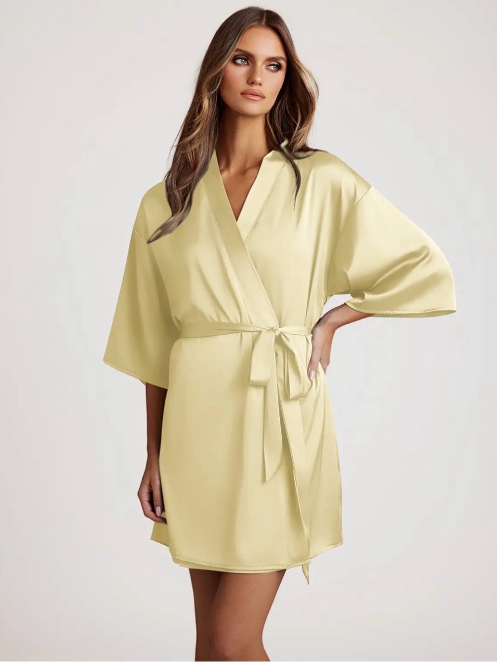Azazie Pale Yellow Satin Wrap Robe with Tie Waist
